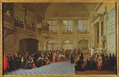 Philippe de Courcillon, Marchese di Dangeau, che presta giuramento a Re Luigi XIV nel 1695, fine XVII secolo da Antoine Pezey